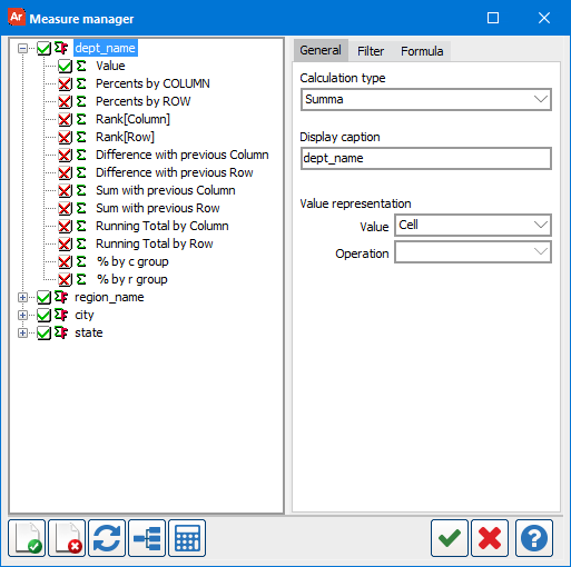 The Measure manager dialog box displaying the attributes of each measure item. The Value item's associated check box is chedked with a green check. All other items are checked with a red x.